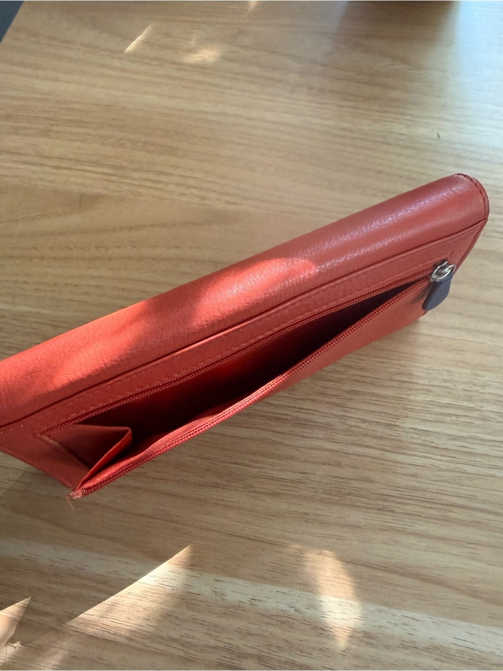 Genuine Leather Slim Orange Zip Clutch Wallet